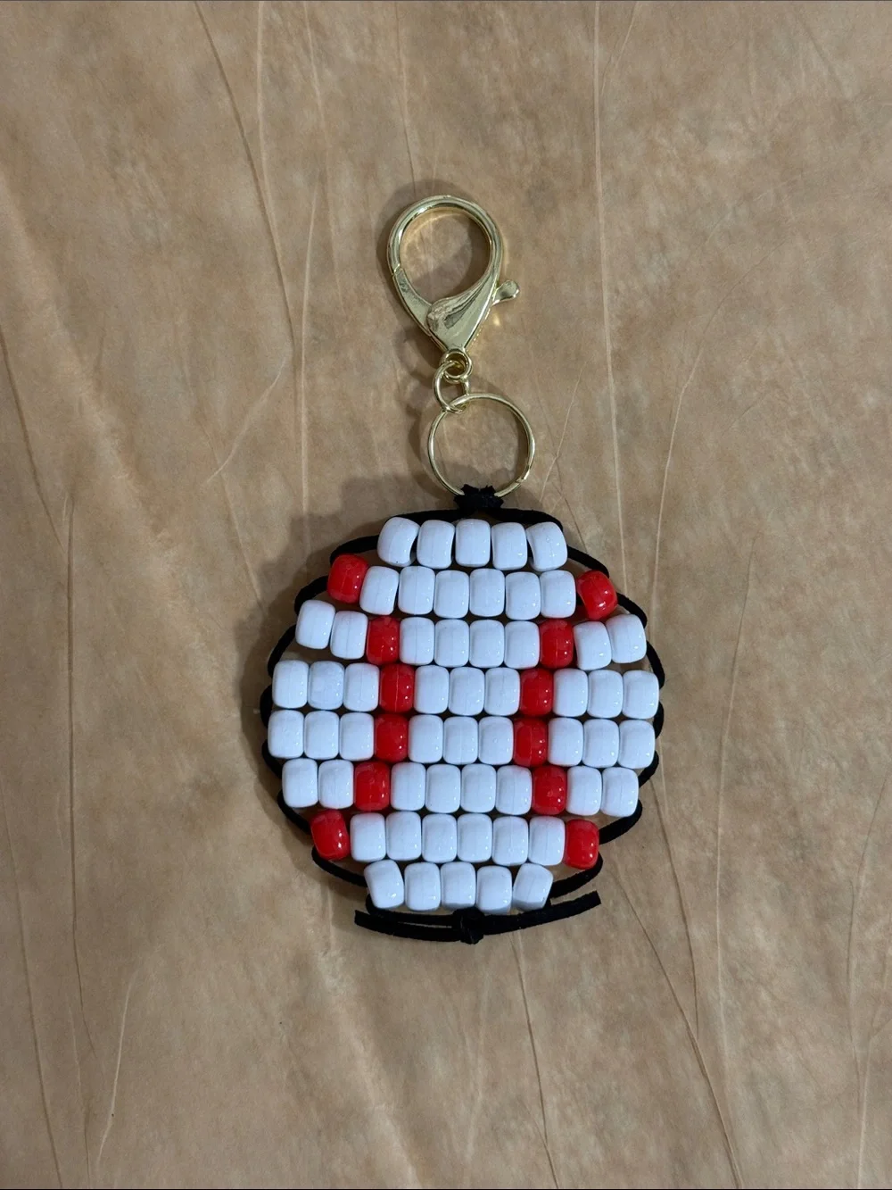 Handmade White & Red Beaded Baseball Keychain